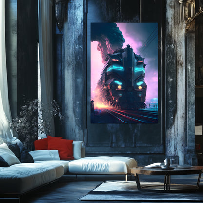 Cyberpunk Train Poster – Neon Hauler | Awe-Inspiring Wall Art for Sci-Fi & Fantasy Train Enthusiasts | Unique and Exclusive Artwork