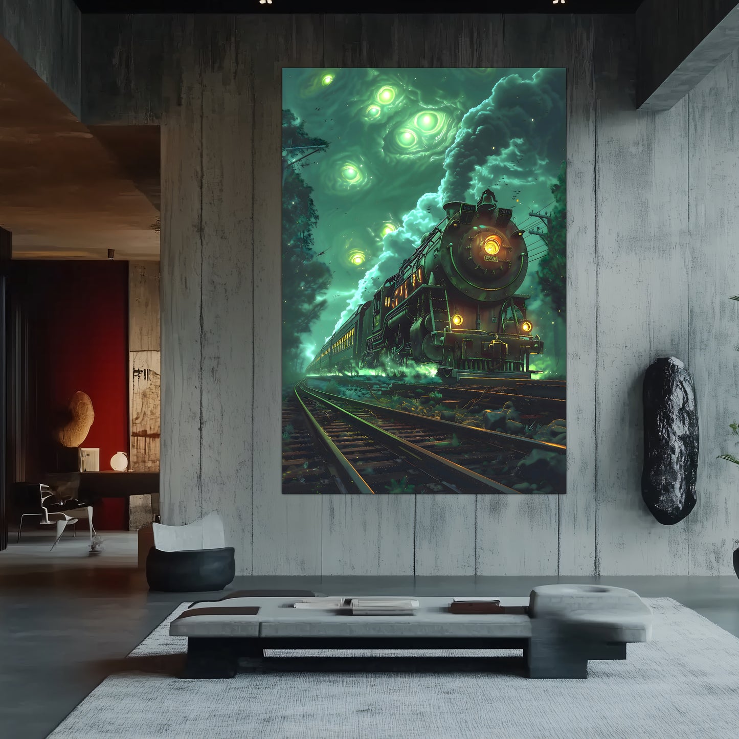 Fantasy Train Poster – The Emerald Phantom | Awe-Inspiring Wall Art for Sci-Fi & Fantasy Train Enthusiasts | Unique and Exclusive Artwork