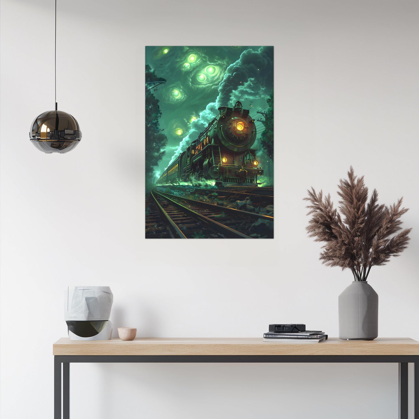Fantasy Train Poster – The Emerald Phantom | Awe-Inspiring Wall Art for Sci-Fi & Fantasy Train Enthusiasts | Unique and Exclusive Artwork