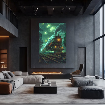 Fantasy Train Poster – The Emerald Phantom | Awe-Inspiring Wall Art for Sci-Fi & Fantasy Train Enthusiasts | Unique and Exclusive Artwork