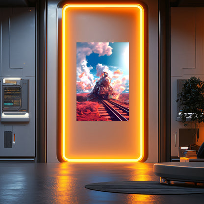 Steampunk Train Poster – Sunfire Skyliner | Awe-Inspiring Wall Art for Sci-Fi & Fantasy Train Enthusiasts | Unique and Exclusive Artwork