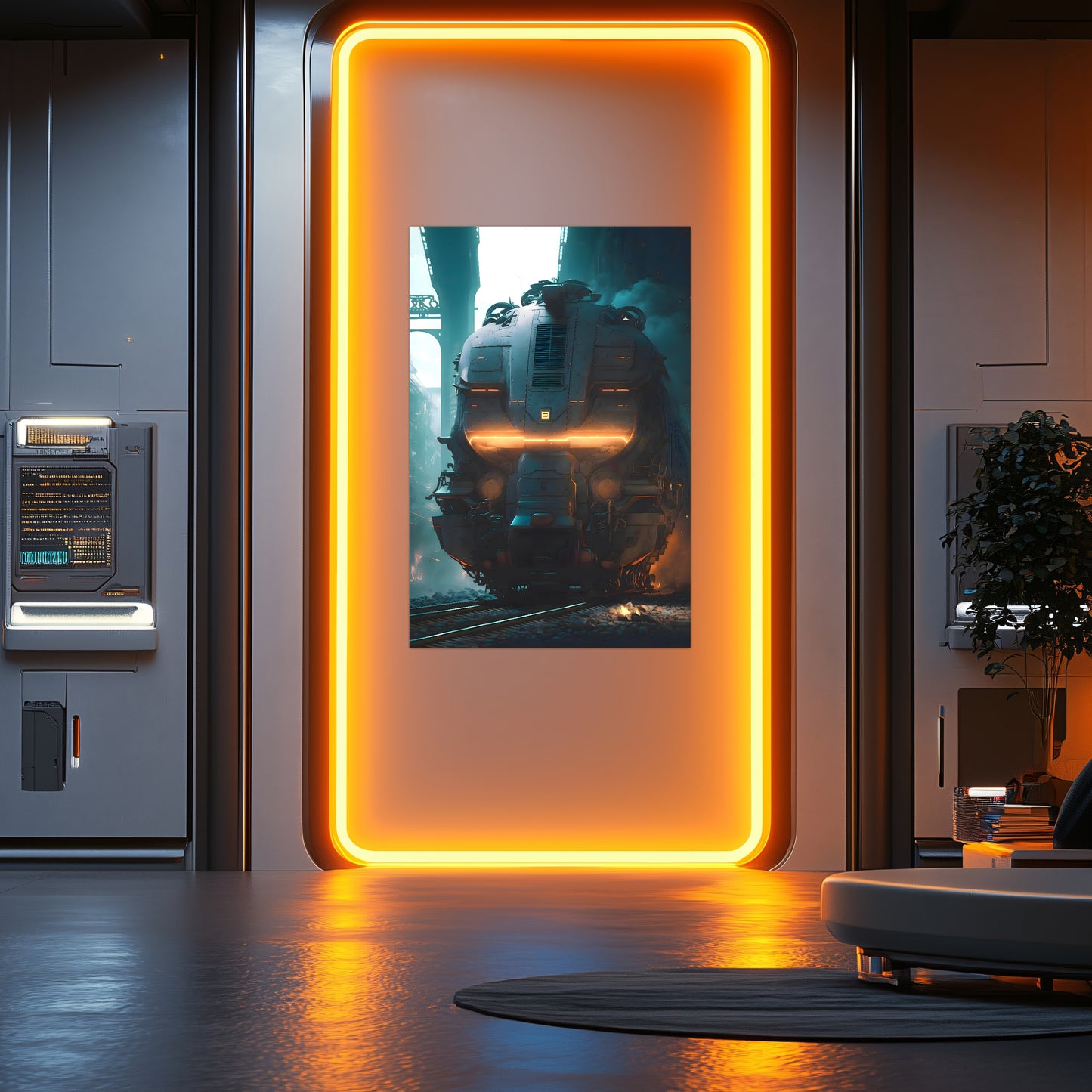Cyberpunk Train Poster – Dreadpulse  Omnihauler | Awe-Inspiring Wall Art for Sci-Fi & Fantasy Train Enthusiasts | Unique and Exclusive Artwork
