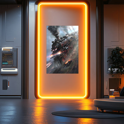 Steampunk Train Poster – Blitzfire Express | Awe-Inspiring Wall Art for Sci-Fi & Fantasy Train Enthusiasts | Unique and Exclusive Artwork