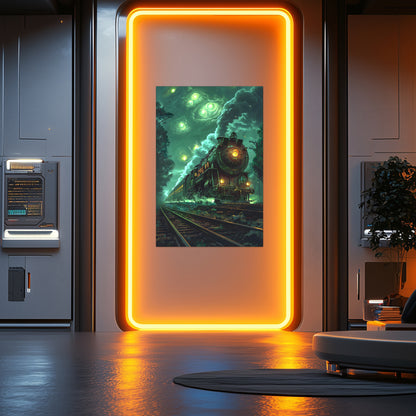 Fantasy Train Poster – The Emerald Phantom | Awe-Inspiring Wall Art for Sci-Fi & Fantasy Train Enthusiasts | Unique and Exclusive Artwork