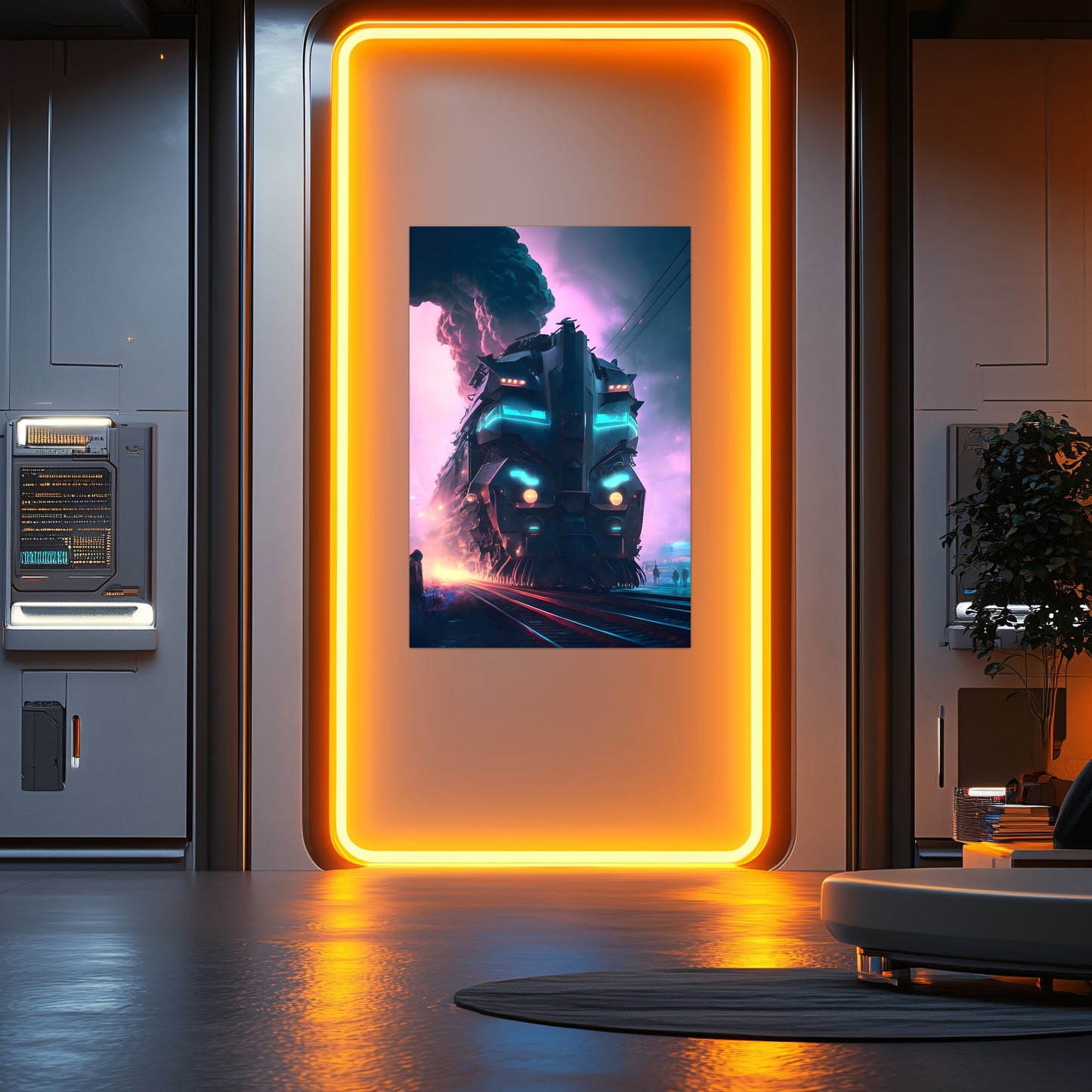 Cyberpunk Train Poster – Neon Hauler | Awe-Inspiring Wall Art for Sci-Fi & Fantasy Train Enthusiasts | Unique and Exclusive Artwork