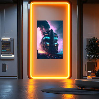 Cyberpunk Train Poster – Neon Hauler | Awe-Inspiring Wall Art for Sci-Fi & Fantasy Train Enthusiasts | Unique and Exclusive Artwork