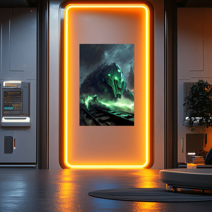 Zombie Train Poster – Darkclad Adjudicator | Awe-Inspiring Wall Art for Sci-Fi & Fantasy Train Enthusiasts | Unique and Exclusive Artwork