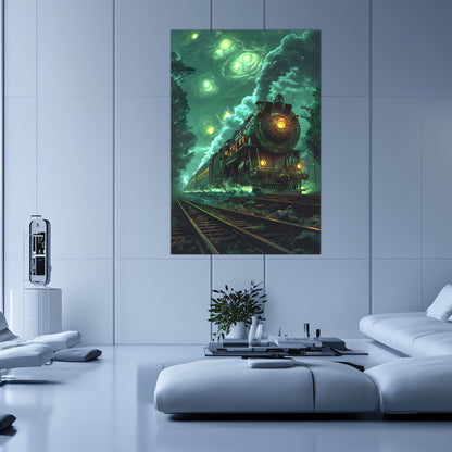 Fantasy Train Poster – The Emerald Phantom | Awe-Inspiring Wall Art for Sci-Fi & Fantasy Train Enthusiasts | Unique and Exclusive Artwork