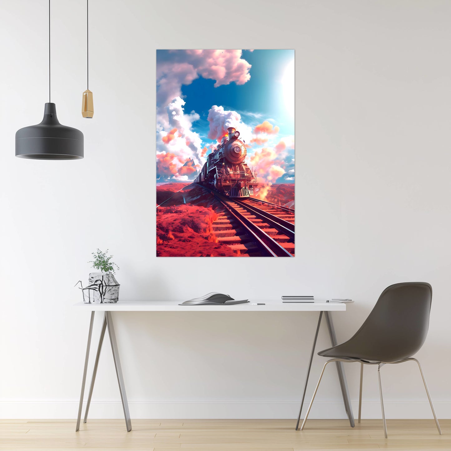 Steampunk Train Poster – Sunfire Skyliner | Awe-Inspiring Wall Art for Sci-Fi & Fantasy Train Enthusiasts | Unique and Exclusive Artwork