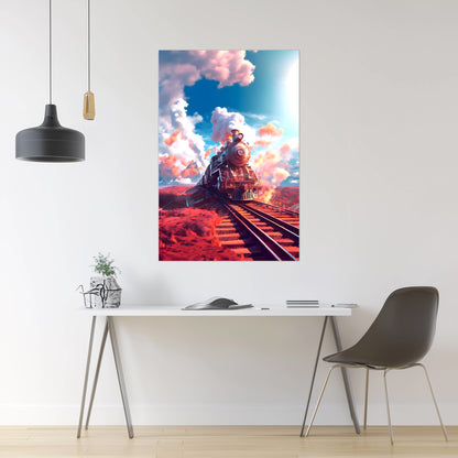 Steampunk Train Poster – Sunfire Skyliner | Awe-Inspiring Wall Art for Sci-Fi & Fantasy Train Enthusiasts | Unique and Exclusive Artwork