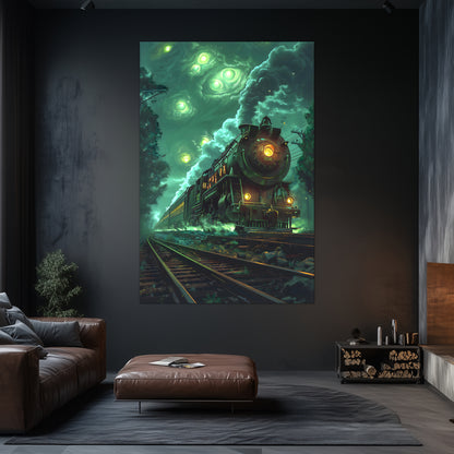 Fantasy Train Poster – The Emerald Phantom | Awe-Inspiring Wall Art for Sci-Fi & Fantasy Train Enthusiasts | Unique and Exclusive Artwork