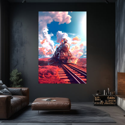 Steampunk Train Poster – Sunfire Skyliner | Awe-Inspiring Wall Art for Sci-Fi & Fantasy Train Enthusiasts | Unique and Exclusive Artwork
