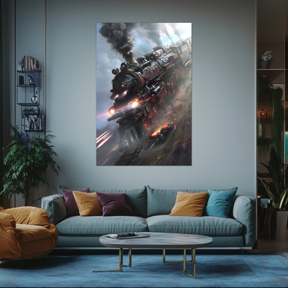 Steampunk Train Poster – Blitzfire Express | Awe-Inspiring Wall Art for Sci-Fi & Fantasy Train Enthusiasts | Unique and Exclusive Artwork