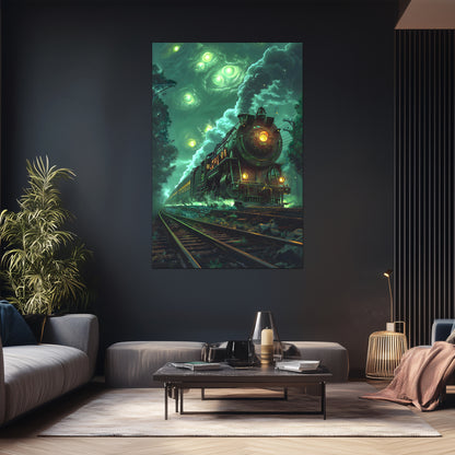 Fantasy Train Poster – The Emerald Phantom | Awe-Inspiring Wall Art for Sci-Fi & Fantasy Train Enthusiasts | Unique and Exclusive Artwork