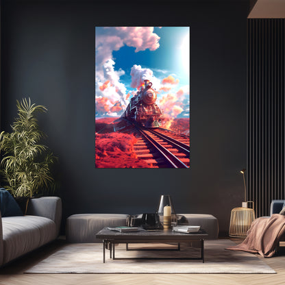 Steampunk Train Poster – Sunfire Skyliner | Awe-Inspiring Wall Art for Sci-Fi & Fantasy Train Enthusiasts | Unique and Exclusive Artwork