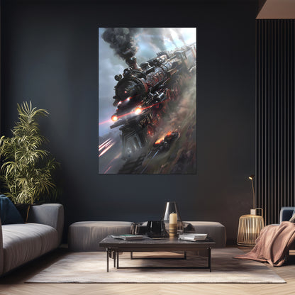 Steampunk Train Poster – Blitzfire Express | Awe-Inspiring Wall Art for Sci-Fi & Fantasy Train Enthusiasts | Unique and Exclusive Artwork