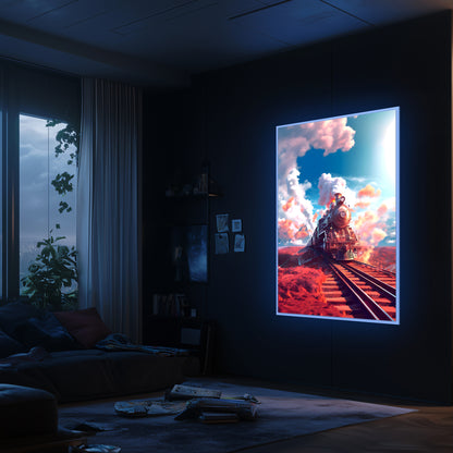 Steampunk Train Poster – Sunfire Skyliner | Awe-Inspiring Wall Art for Sci-Fi & Fantasy Train Enthusiasts | Unique and Exclusive Artwork