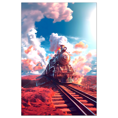Steampunk Train Poster – Sunfire Skyliner | Awe-Inspiring Wall Art for Sci-Fi & Fantasy Train Enthusiasts | Unique and Exclusive Artwork