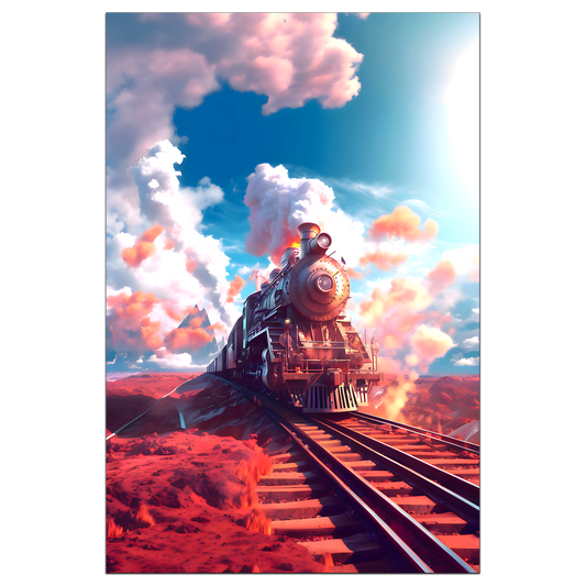 Steampunk Train Poster – Sunfire Skyliner | Awe-Inspiring Wall Art for Sci-Fi & Fantasy Train Enthusiasts | Unique and Exclusive Artwork