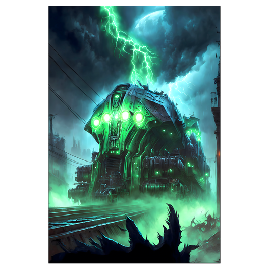 Zombie Train Poster – The Warp Architect | Awe-Inspiring Wall Art for Sci-Fi & Fantasy Train Enthusiasts | Unique and Exclusive Artwork