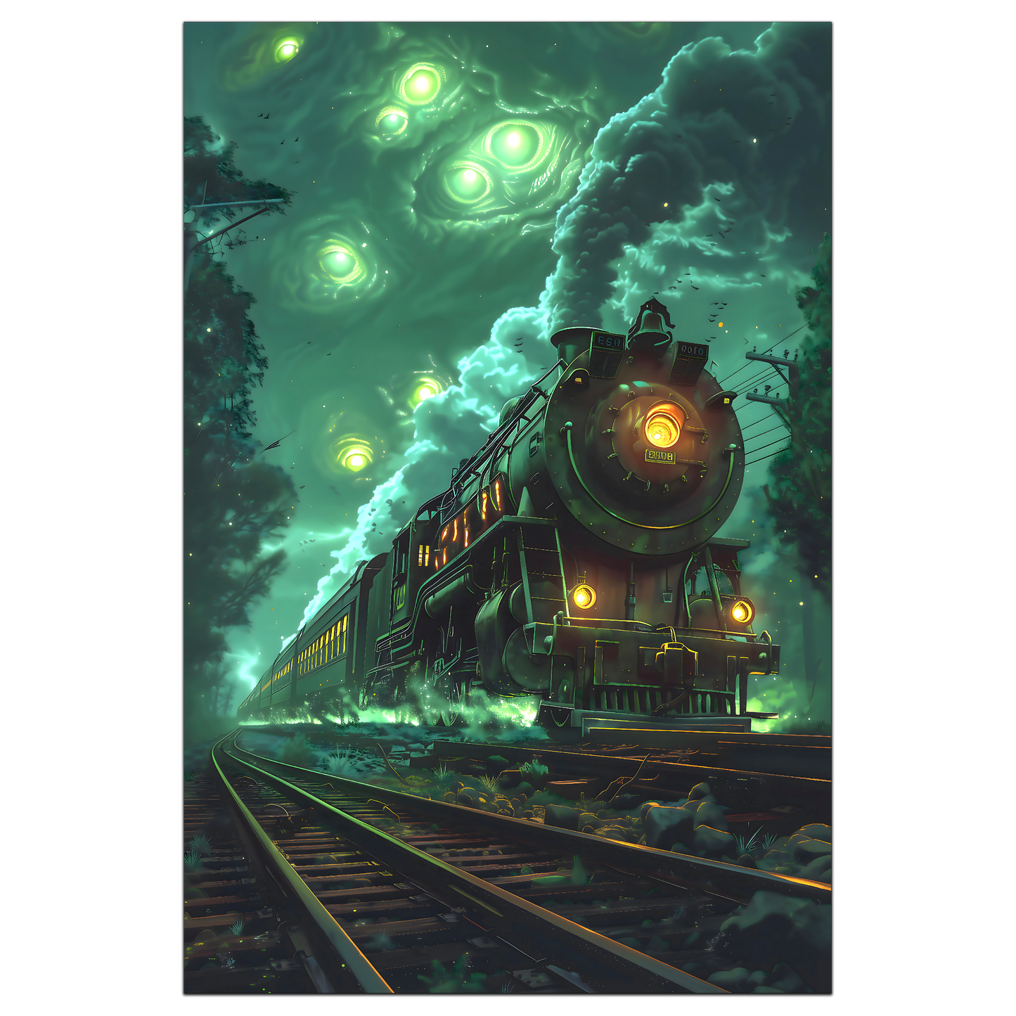 Fantasy Train Poster – The Emerald Phantom | Awe-Inspiring Wall Art for Sci-Fi & Fantasy Train Enthusiasts | Unique and Exclusive Artwork