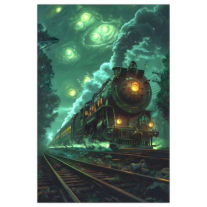Fantasy Train Poster – The Emerald Phantom | Awe-Inspiring Wall Art for Sci-Fi & Fantasy Train Enthusiasts | Unique and Exclusive Artwork