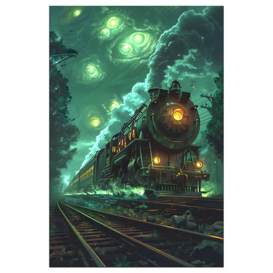 Fantasy Train Poster – The Emerald Phantom | Awe-Inspiring Wall Art for Sci-Fi & Fantasy Train Enthusiasts | Unique and Exclusive Artwork