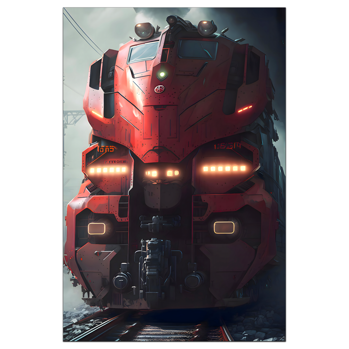 Diesel Train Poster – Crimson Thunderclad | Awe-Inspiring Wall Art for Sci-Fi & Fantasy Train Enthusiasts | Unique and Exclusive Artwork