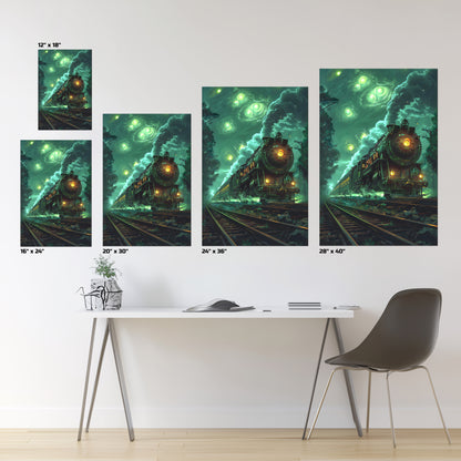 Fantasy Train Poster – The Emerald Phantom | Awe-Inspiring Wall Art for Sci-Fi & Fantasy Train Enthusiasts | Unique and Exclusive Artwork